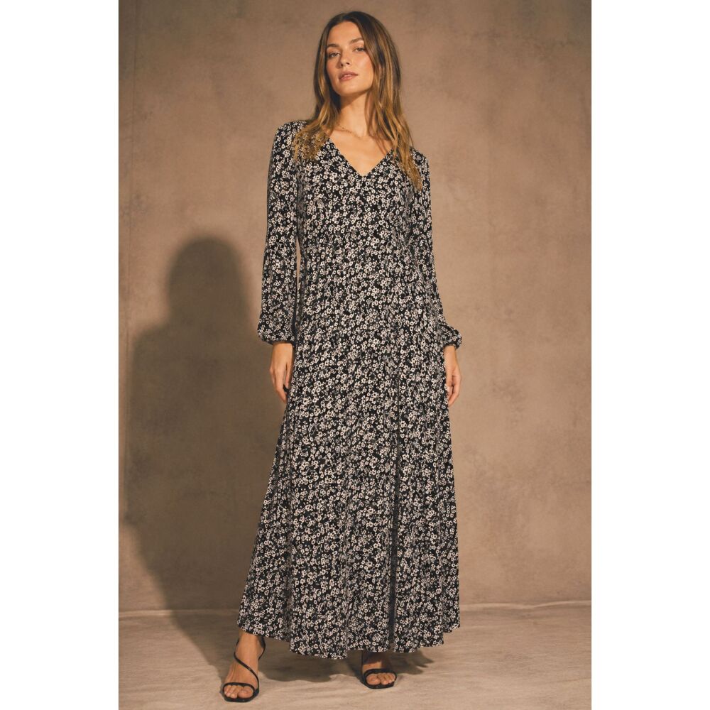 Emma Michele Floral Maxi Dress M Black White Ditsy 90s Style Sheer V-Neck Whimsy - Picture 2 of 10